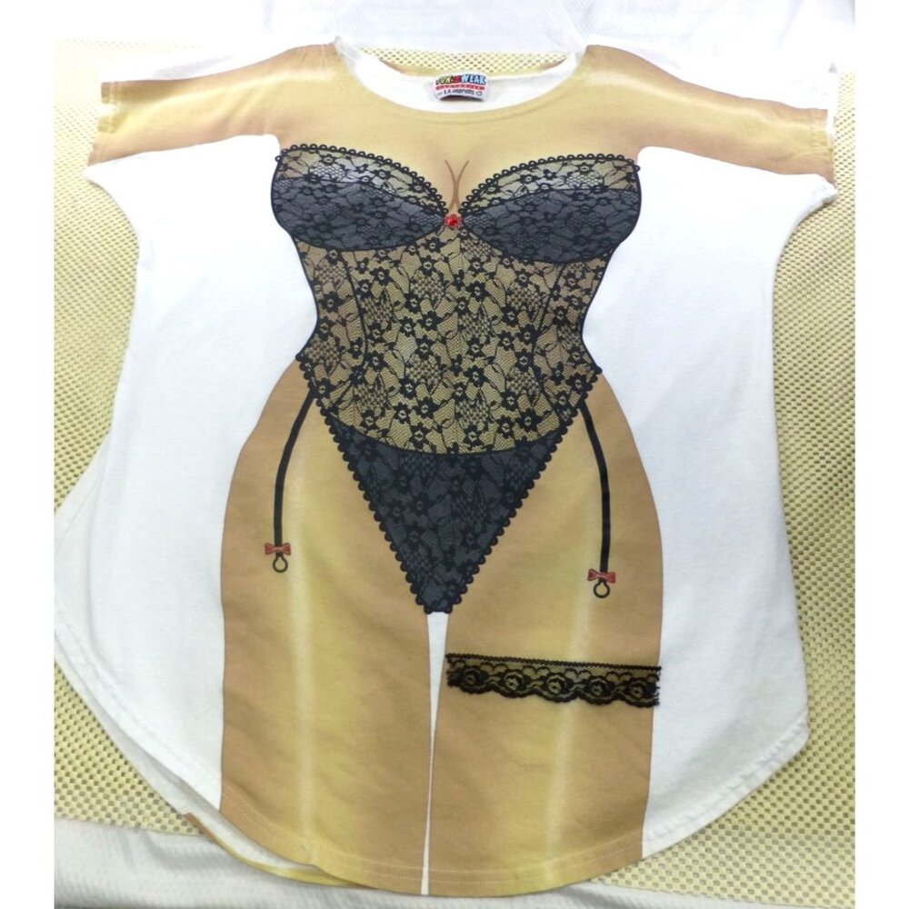 NOS Sexy Black Lace Lingerie Print Novelty Cover Up Beach T-Shirt Fun Graphic Te